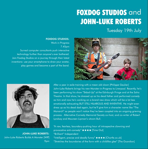 #ShinyNew15 19/7/16
<a href="/foxdogstudios/">Foxdog Studios</a>; 7.45pm; £5
Multipass w/ @jlukeroberts £10
lanterntheatreliverpool.co.uk/?post_type=eve…