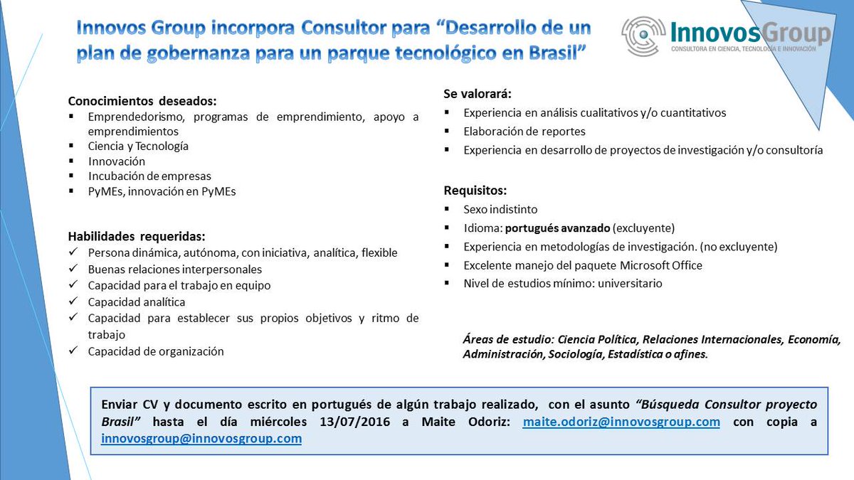 Búsqueda:“Desarrollo de un plan de gobernanza para un parque tecnológico en Brasil”.CV hasta 13/7.Sumate al equipo!