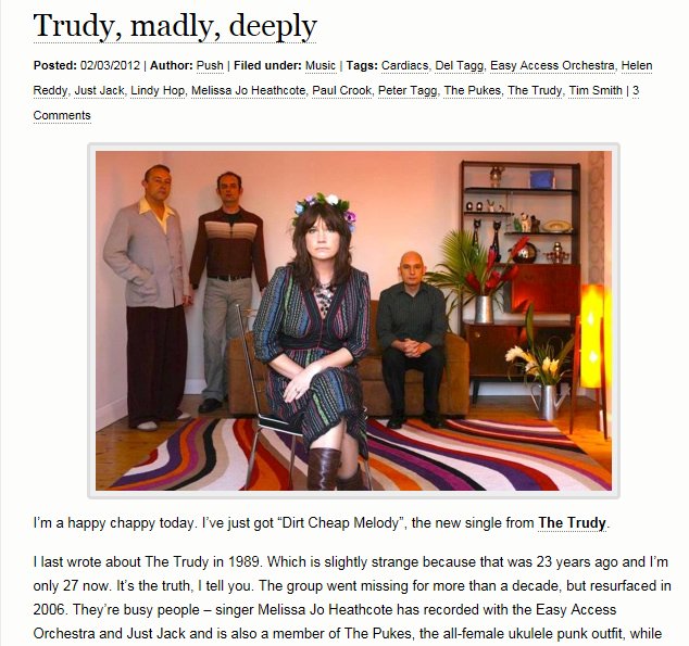 thetrudyband's tweet photo. Push’s great review for Dirt Cheap Melody original release. Full article at https://t.co/DZxFMTub4M    #thetrudy https://t.co/qS6GvlND3D