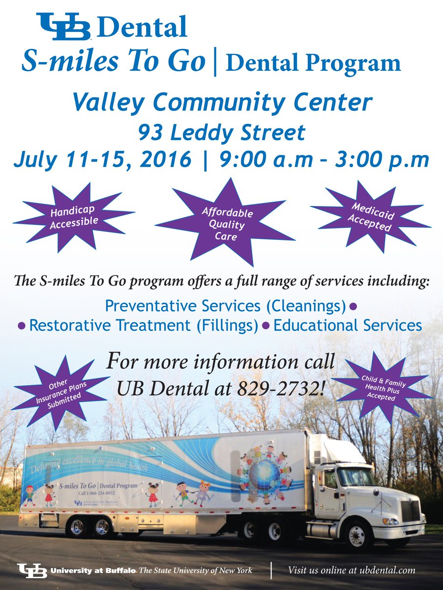 VCAssociation's tweet photo. Need some dental work done? UB School of Dental Medicine S-miles To Go Van will be at the Valley Center 7/11-7/15! https://t.co/GwtGKAtwf0