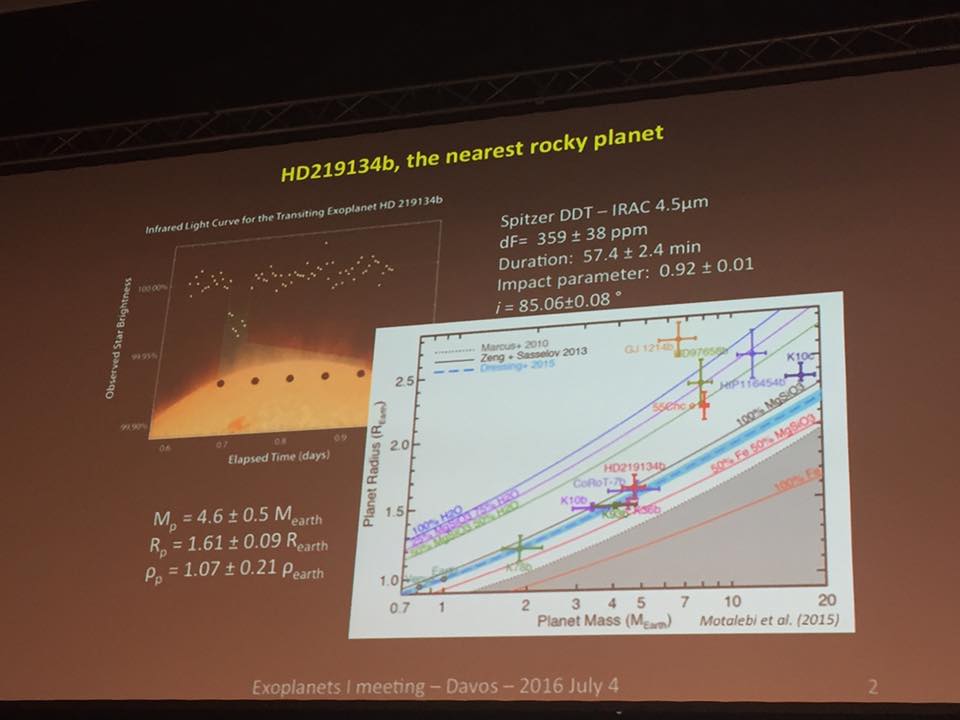 Michael Gillon announces nearest rocky exoplanet (6 pc/18 lye away).  HD219134b is 4-5 times the mass of Earth.