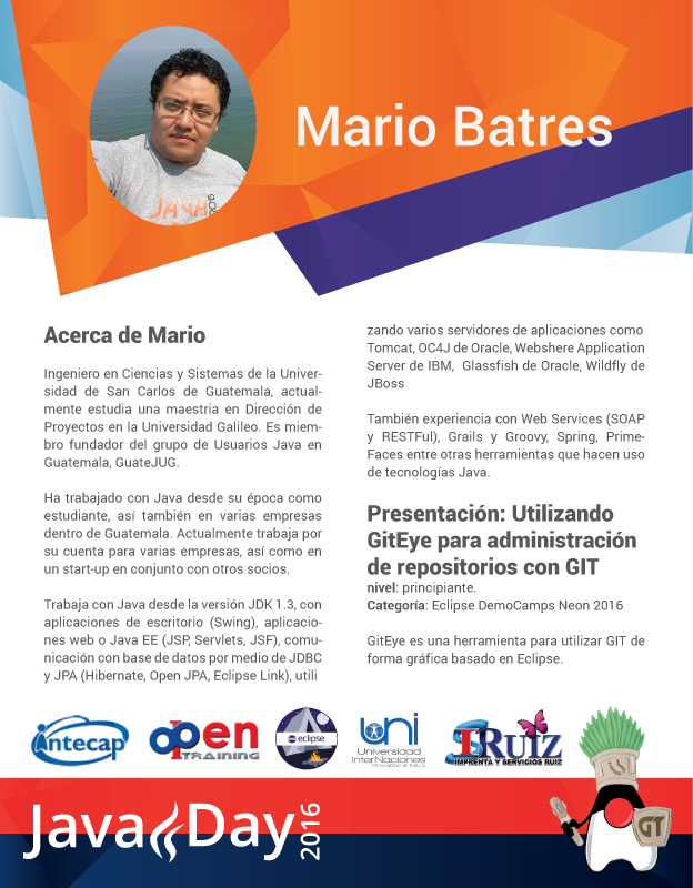 guatejug's tweet photo. Te presentamos a Mario Batres expositor del #JavaDayGT2016, con su presentación sobre "Eclipse Neon y GitEye" https://t.co/5iRKRIdrUi