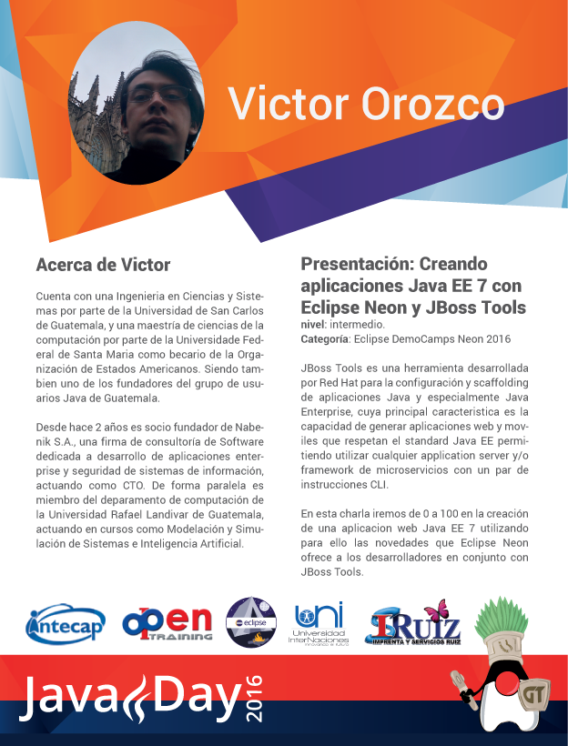 guatejug's tweet photo. Te presentamos a Victor Orozco expositor del #JavaDayGt2016, con su presentación sobre "Eclipse Neon y JBoss Tools" https://t.co/PxEZw1WRsf