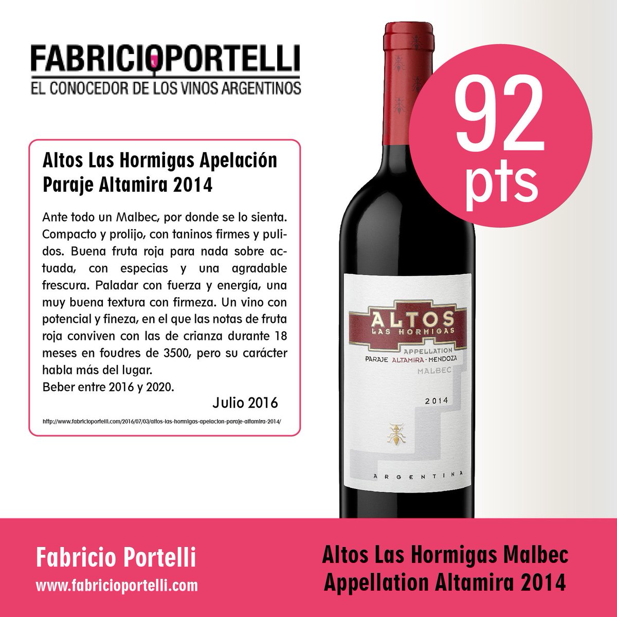 ALHmalbec's tweet photo. Fabricio Portelli - El Conocedor: 92 pts Altos Las Hormigas #Malbec Appellation Altamira https://t.co/dhiGX6xWnn