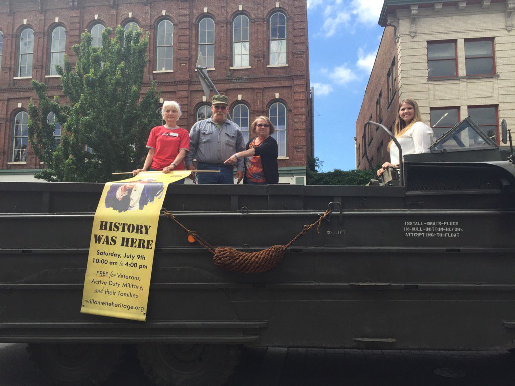 Carol Currie joined a crew aboard an amphibious WWII vehicle outside Holding Court Tuesday morning.