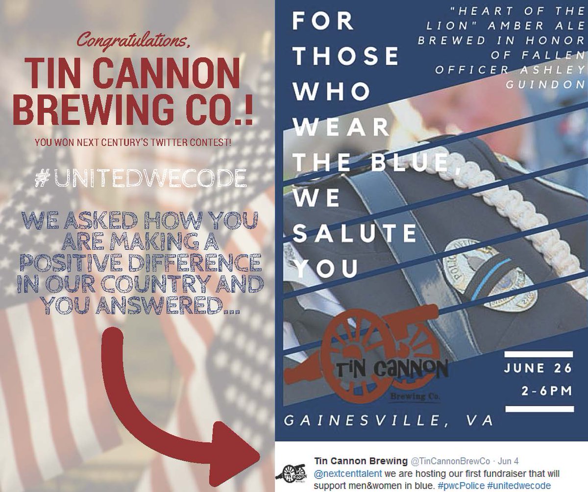 nextcenturycorp's tweet photo. Congratulations to @TinCannonBrewCo for winning our Next Century #UNITEDWECODE Twitter Contest! https://t.co/aUOYPMd14R