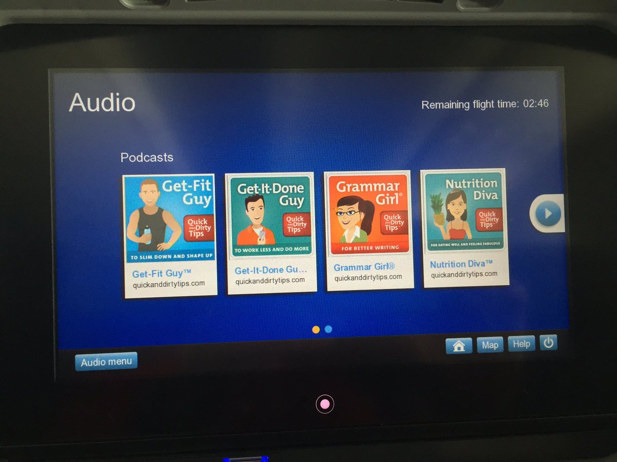 podcastday's tweet photo. When #podcasts (including @GrammarGirl) are an option on the flight! Well done, United. #PM16 @PodcastMovement https://t.co/m03xwrsN4Y