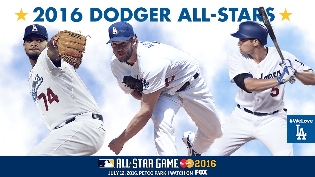 Dodgers's tweet photo. Congratulations to @kenleyjansen74, @ClaytonKersh22 and @coreyseager_5 on being named to the @AllStarGame! #WeLoveLA https://t.co/zsBOCqrxu4