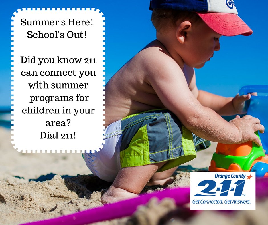 211OrangeCounty's tweet photo. It's #SUMMER!! Do you need to get connected with local summer programs for kids? 211 can help! #dial211 #summerinOC https://t.co/bS0hVuUGSV