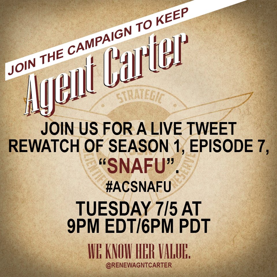 RenewAgntCarter's tweet photo. Our live tweet of "SNAFU" begins in ONE HOUR. #AgentCarter #SaveAgentCarter #RenewAgentCarter #AgentCarterNetflix https://t.co/Xo3nlObFjQ