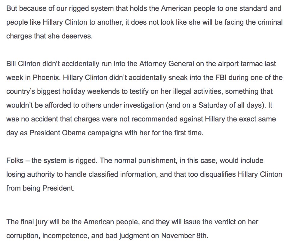.<a href="/realDonaldTrump/">Donald J. Trump</a>: "No accident" FBI announces no charges against Clinton on same day Pres. Obama campaigns with her