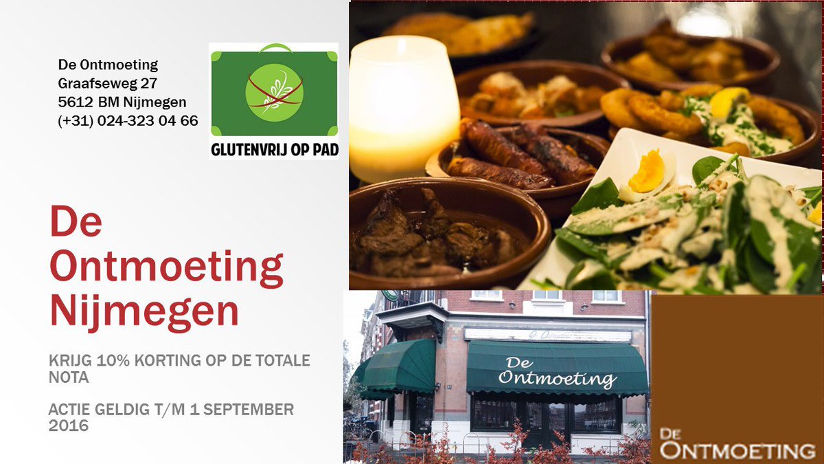 10% korting op rekening bij 100% #glutenvrij restaurant De Ontmoeting in #Nijmegen (tot 1-9-2016) RT