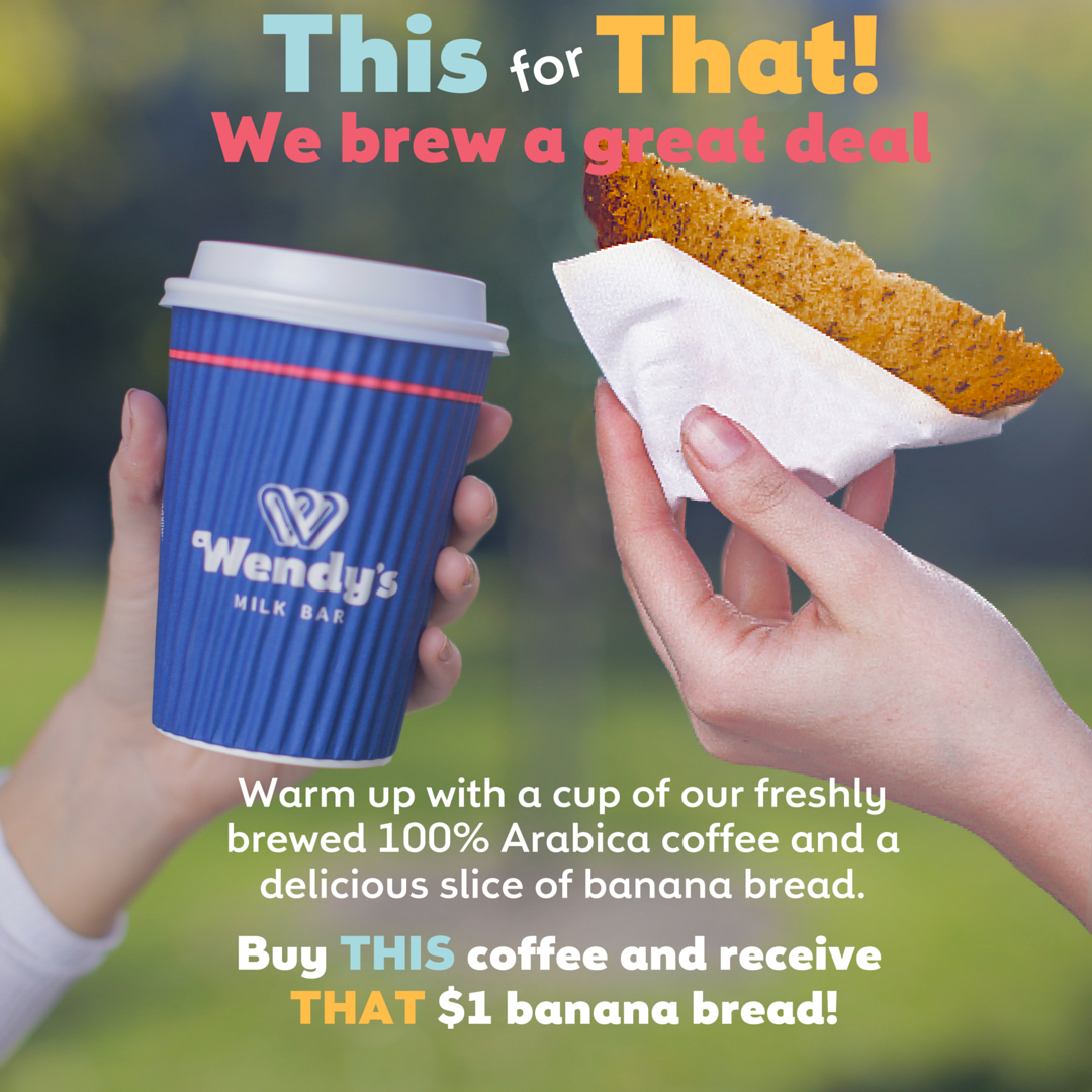 WendysMilkBar's tweet photo. When you buy any Wendy’s coffee, you can get a slice of delicious $1 banana bread too! #wendys #this4that #brekky https://t.co/qKyNZvWTmZ