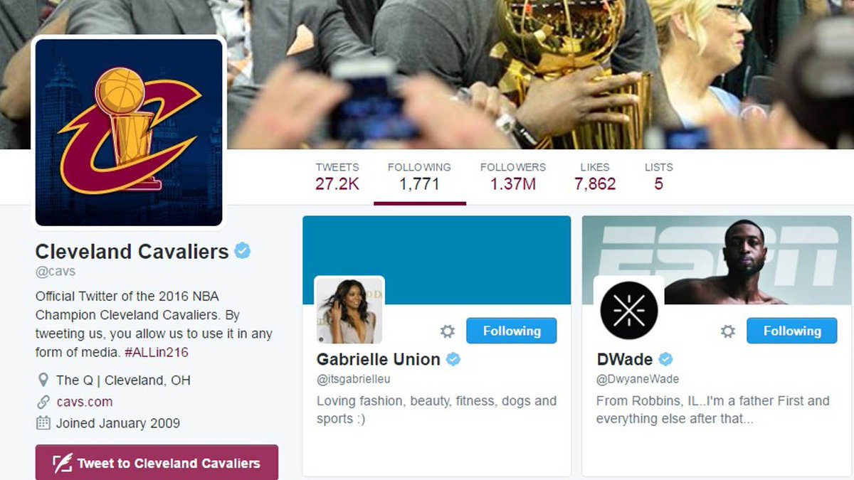 Stop the presses! #Cavs follow @DwyaneWade & @itsgabrielleu on Twitter!!!! bit.ly/29uXyPW?utm_me… #SarcasmIsFun https://t.co/thJOuT3u2R