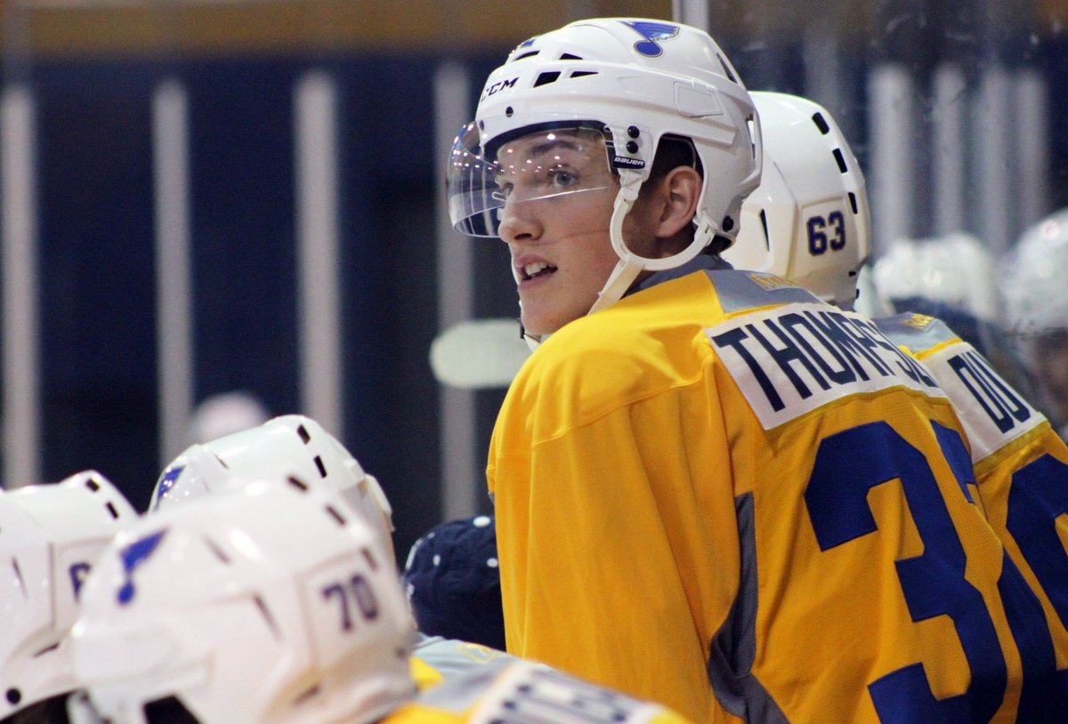 StLouisBlues's tweet photo. First-round pick @TThompson_97 gets ready for his next shift. #stlblues #ProspectCamp https://t.co/bymlJtfnqL