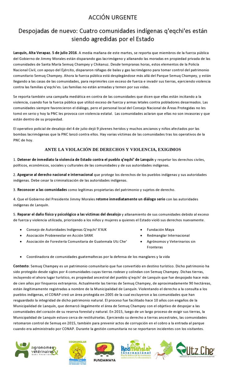 #DesalojoSemukChampey basta al despojo del territorio y a la criminalización a las comunidades Q'eqchis.