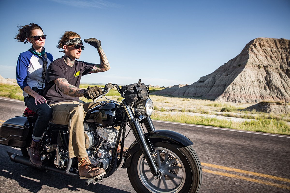 LowbrowCustoms's tweet photo. Tyler and Julia in the Badlands last week. Take us back! #panamericanproject #sscycles #bakertrans #dragspecialties https://t.co/Od2sc8zwWU