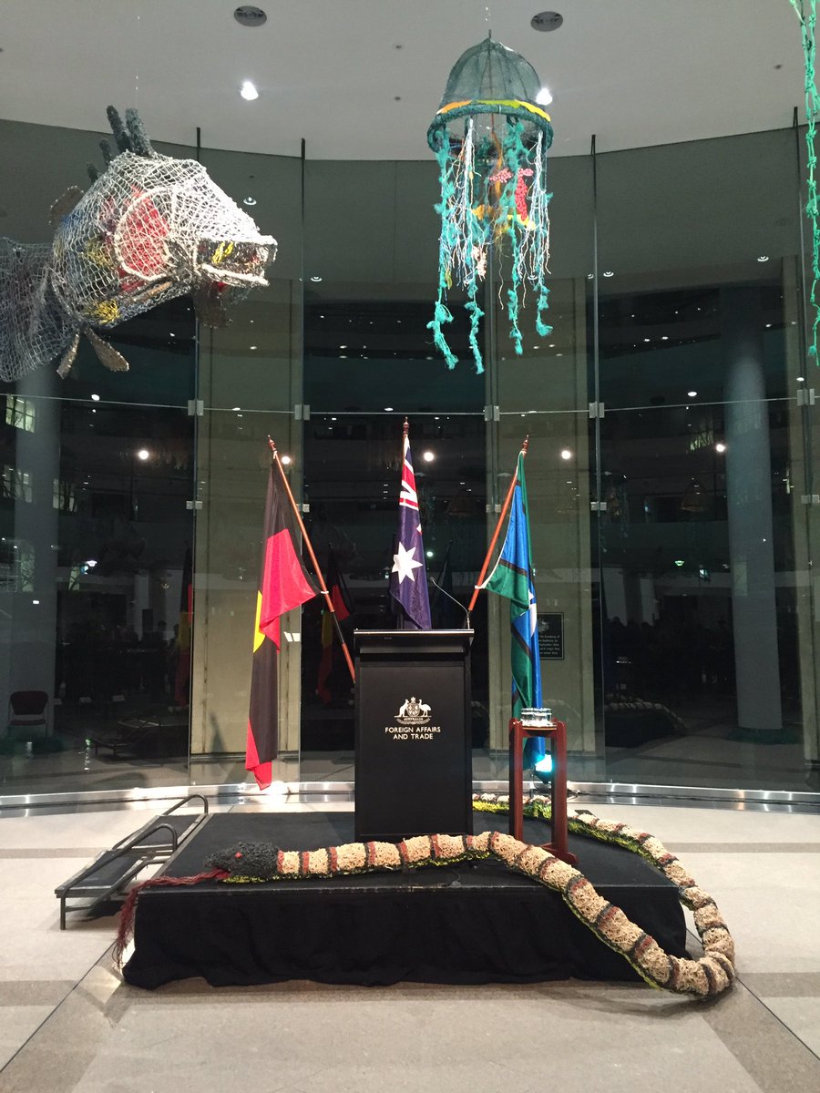 dfat's tweet photo. Opened last night #DFATNAIDOC exhibit of #GhostNets from @Pormpuraaw1 artist Sid Bruce Shortjoe on display @dfat https://t.co/a0fjZjdjYy