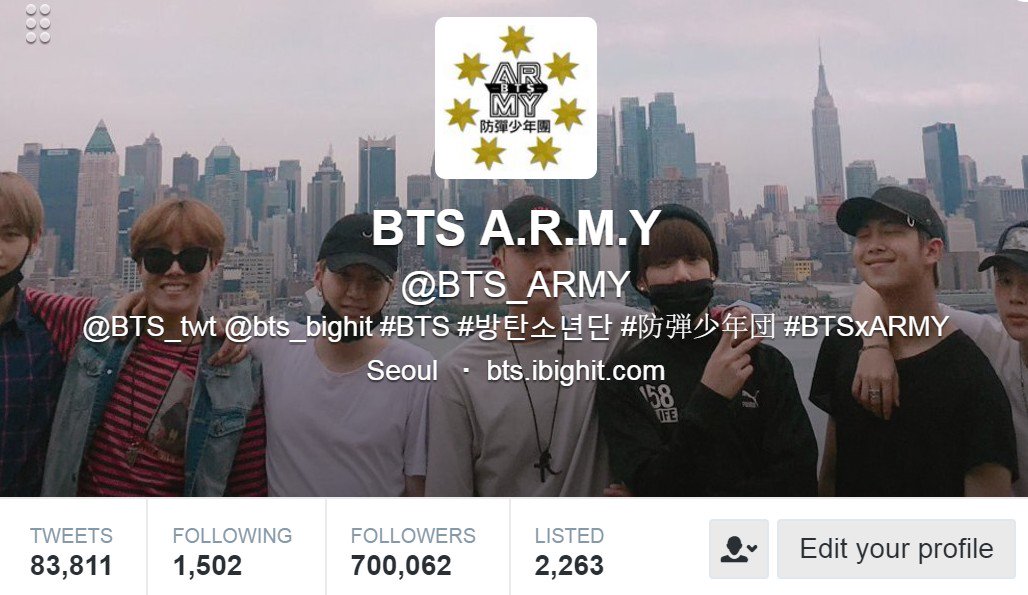 BTS_ARMY's tweet photo. We've reached 700K followers! Thank you so much y'all! Much love to you &amp; to our @BTS_twt - From #BTSARMYCrew https://t.co/A2jl7Xm7bd