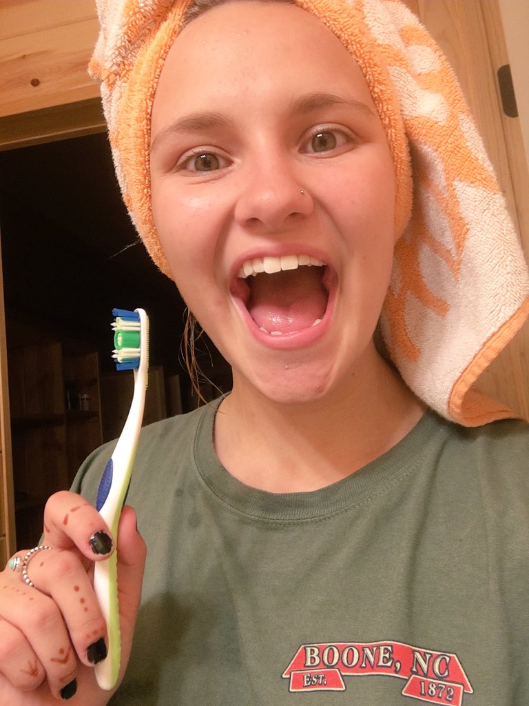 GwenHowell's tweet photo. Update from camp: AFTER A DAY AND A HALF I AM IN POSSESSION OF A TOOTHBRUSH.  (It even has a tongue scrubber!!!) https://t.co/PuXeAgY3UX