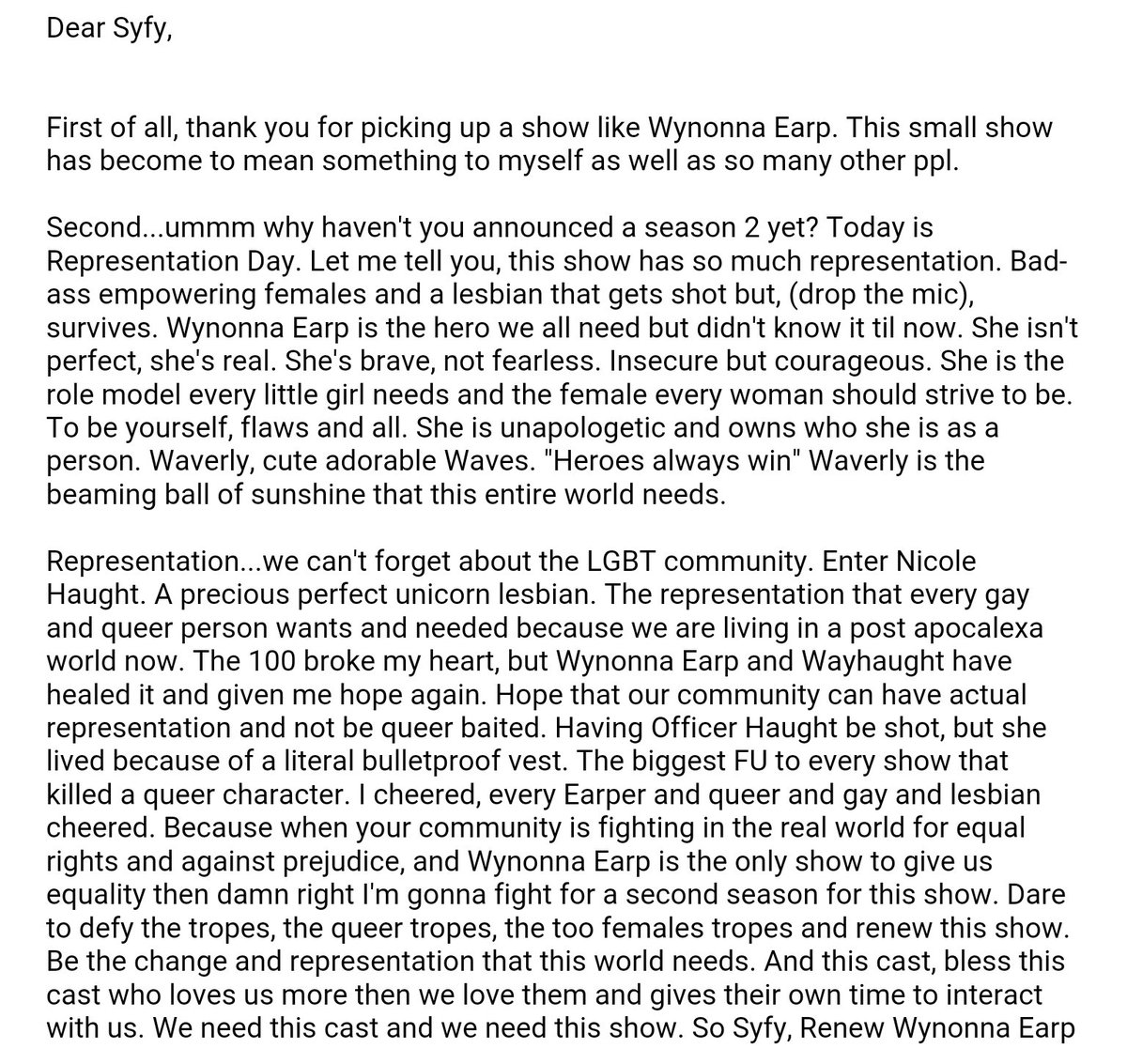 B_Dailey13's tweet photo. #Earpers get your email in for #RepresentationDay enjoy all them feels @Syfy this one's for you #RenewWynonnaEarp 💕 https://t.co/e21GdQmxfa