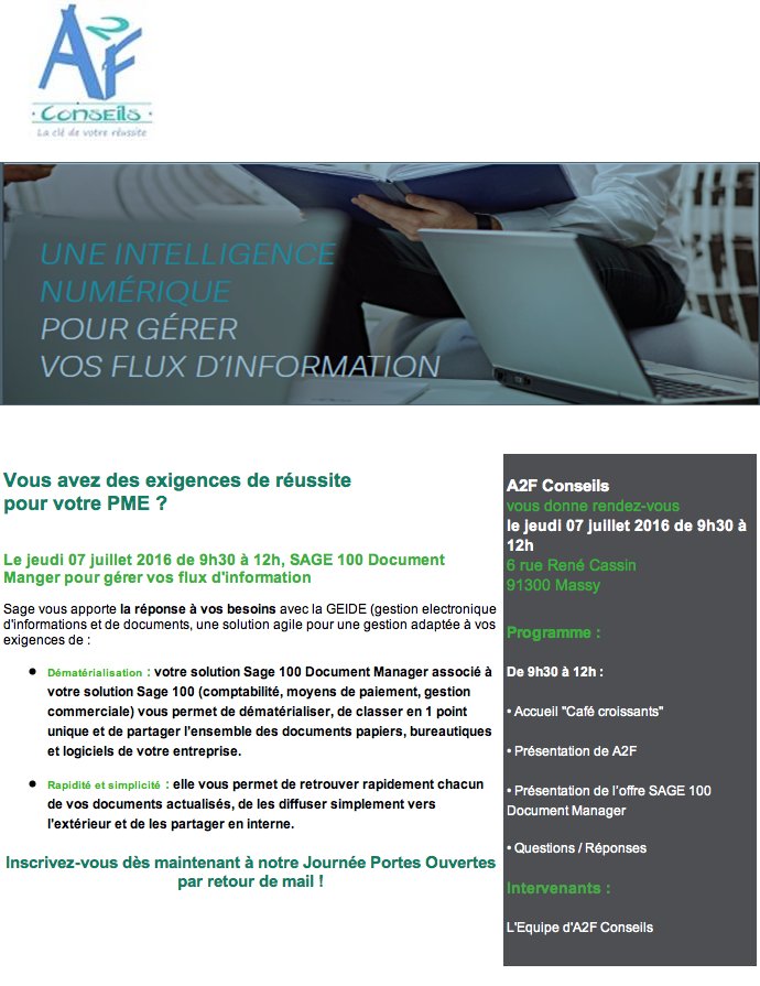 A2fConseils's tweet image. A2F Conseils vous donne RDV jeudi 7 juillet pour une présentation de la GEIDE à partir de 9h30
#Sage #Geide #JPO