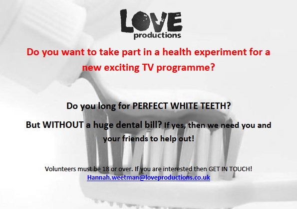 How good are you at brushing your teeth? Do you want for better teeth? Looking for people to help on new health show