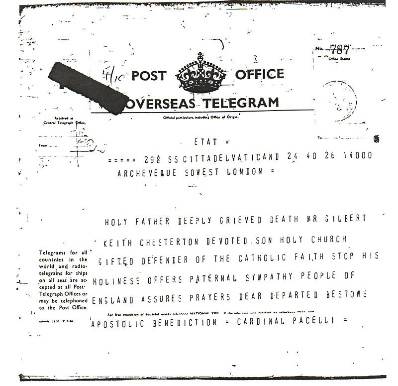 When G.K. Chesterton died, Pope Pius XI sent telegram offer. condolences to "The People of England", not the family.