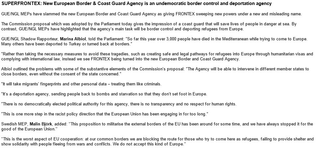 Left_EU's tweet photo. New European Border &amp; Coast Guard Agency is an undemocratic border control and deportation agency #EPlenary https://t.co/XvxsztQcht