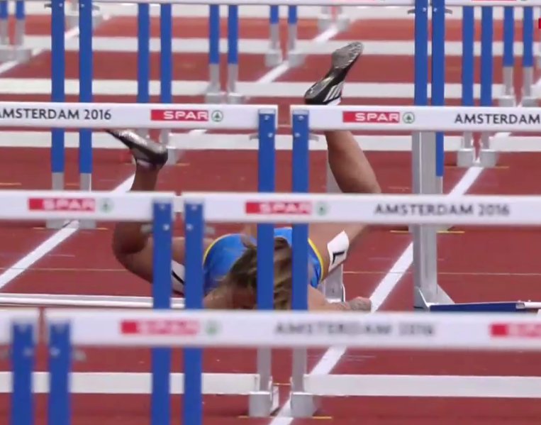 Ouch!! That must have hurt. We hope Swedish 100m hurdler Elin Westerlund alright! #ECH2016