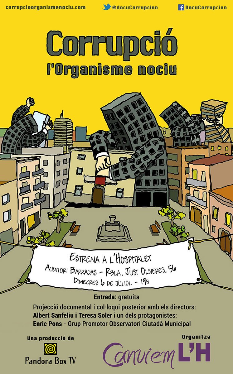 Ens veiem avui a les 19h <a href="/docuCorrupcion/">Corrupción el Organismo nocivo</a> a <a href="/elBarradas/">Auditori Barradas</a>
Reflexionem plegats de com enfocar la lluita #Anticorrupció