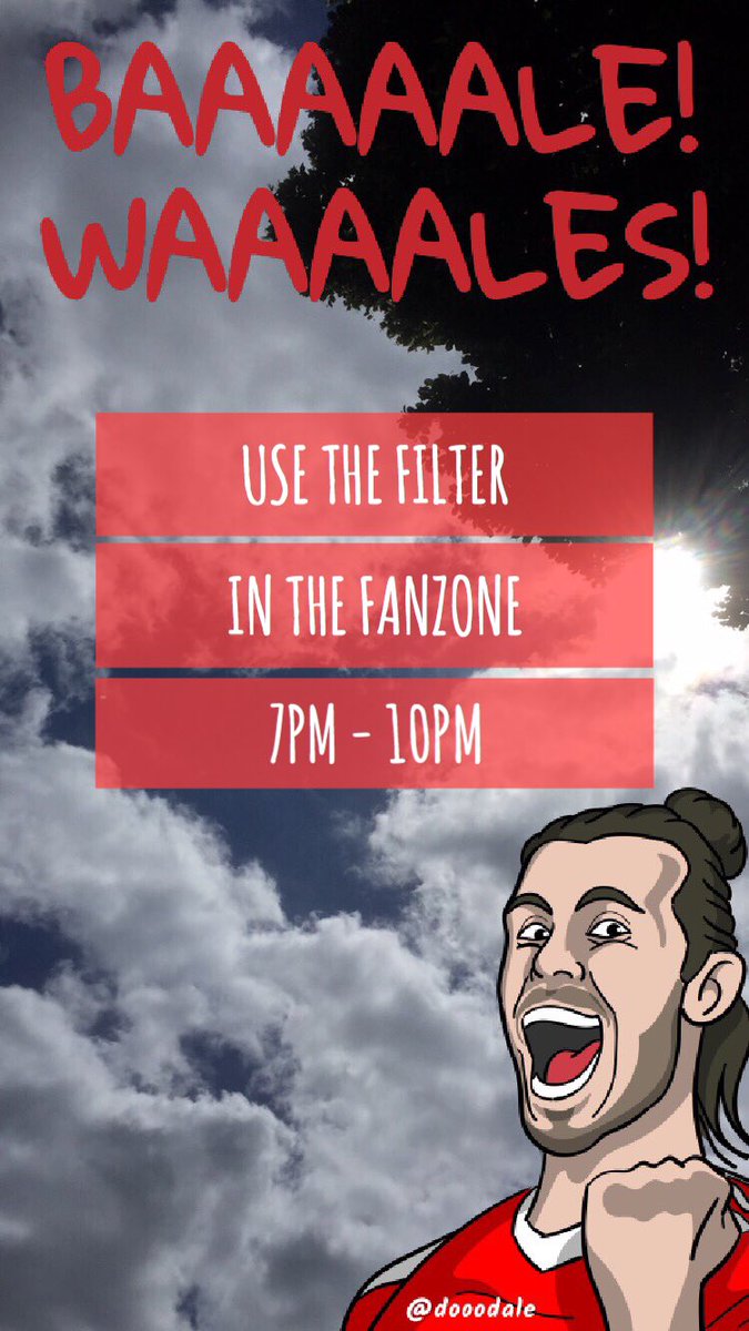 willdotbarker's tweet photo. Heading to watch #WALPOR at the #CardiffFanzone later? Snap your support with this #Bale filter by @dooodale ⚽️👻📸 https://t.co/U2Nlpn4nXg