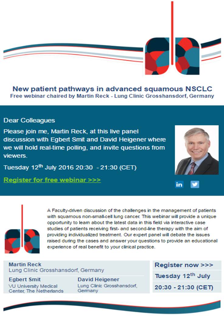 SpringerIME's tweet photo. Free webinar #ELCC2016 #APLCC #lungcancer #IASLC #oncology
12 July 20:30-21:30 CET register@ https://t.co/Mx3JjAAn7H https://t.co/70BokZb7Mh