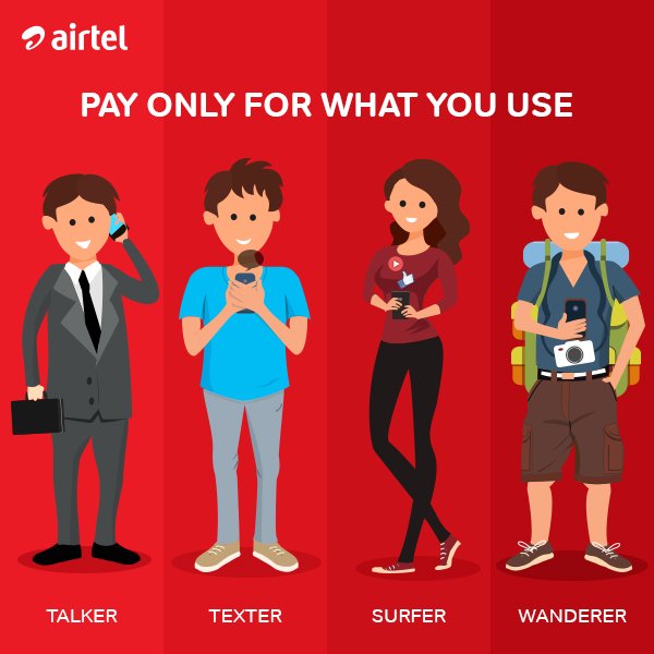 airtelindia's tweet photo. Choose between talktime, SMS, data and roaming. #SwitchToMyplan: All of the usage and none of the wastage. https://t.co/DScslj0z5q