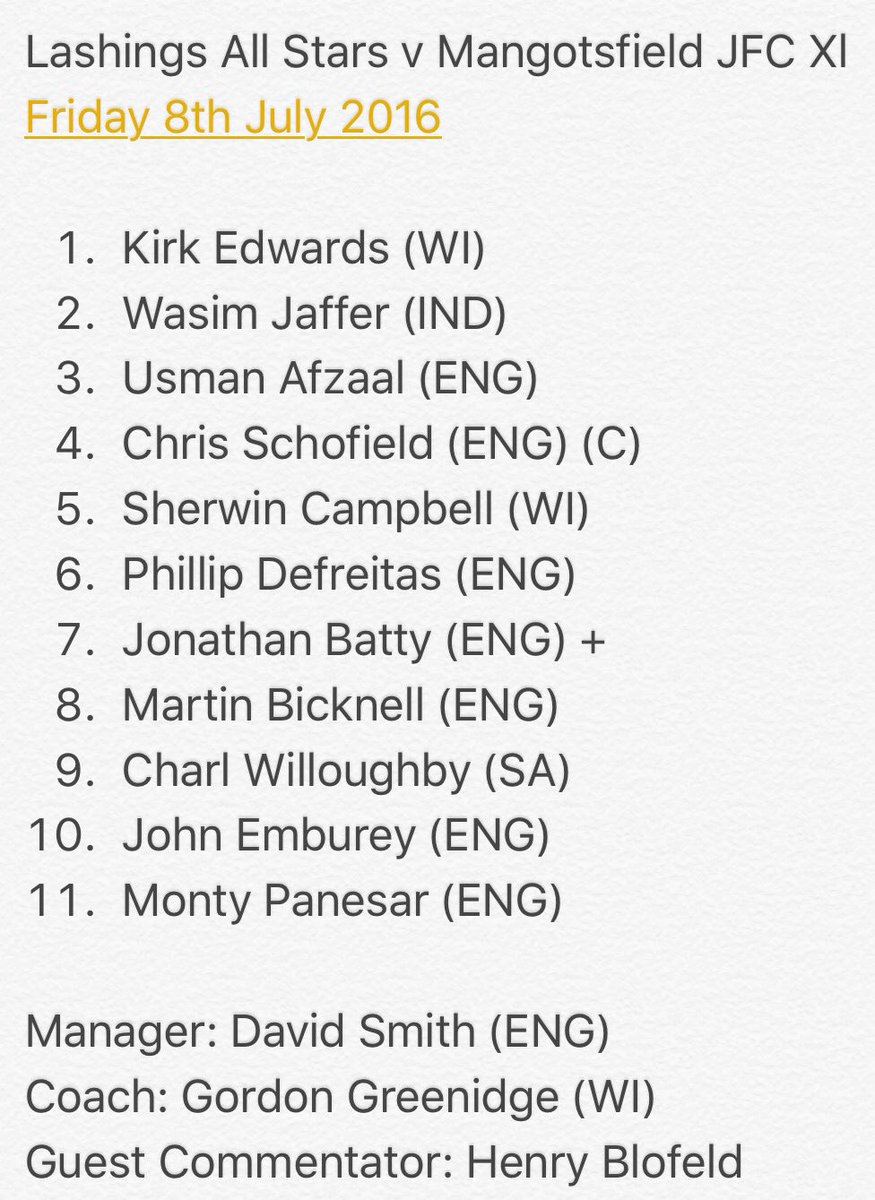 LashingsWorldXI's tweet photo. Team news for Friday's trip to @Mango_JFC_CC is in: https://t.co/wtHiE4j1Tn