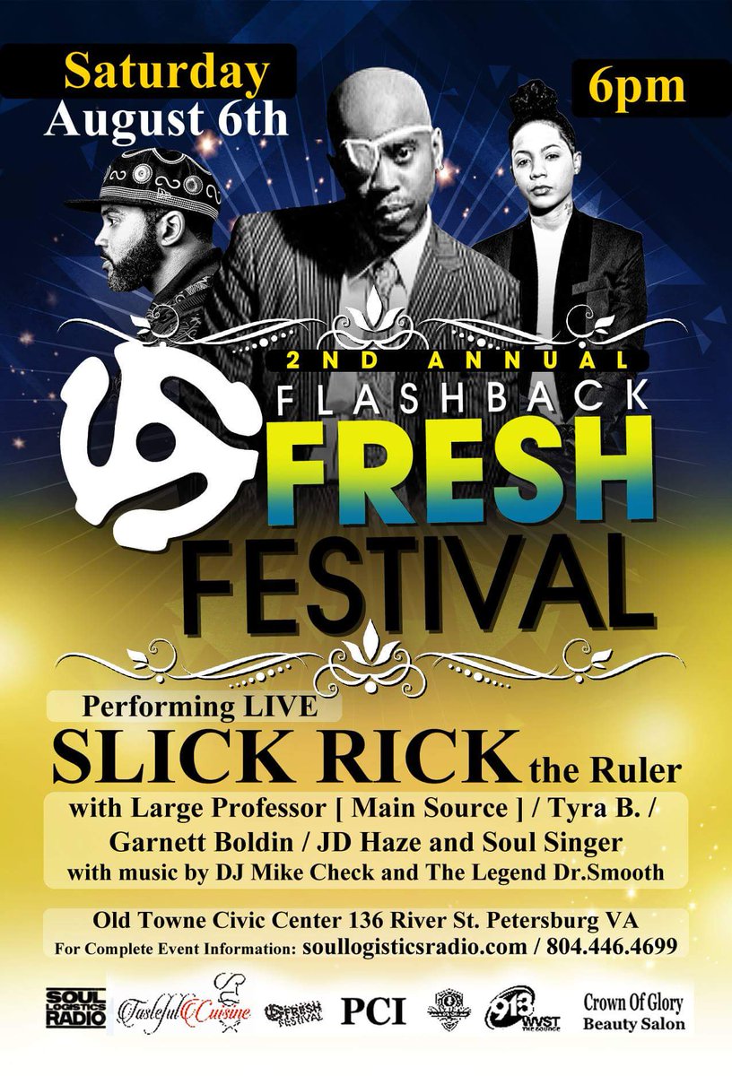 k_leshai's tweet image. Where the REAL Hip Hop heads?! SLICK RICK in Petersburg, VA! Aug 6th! #FlashbackFreshFest #SoulLogisticsRadio