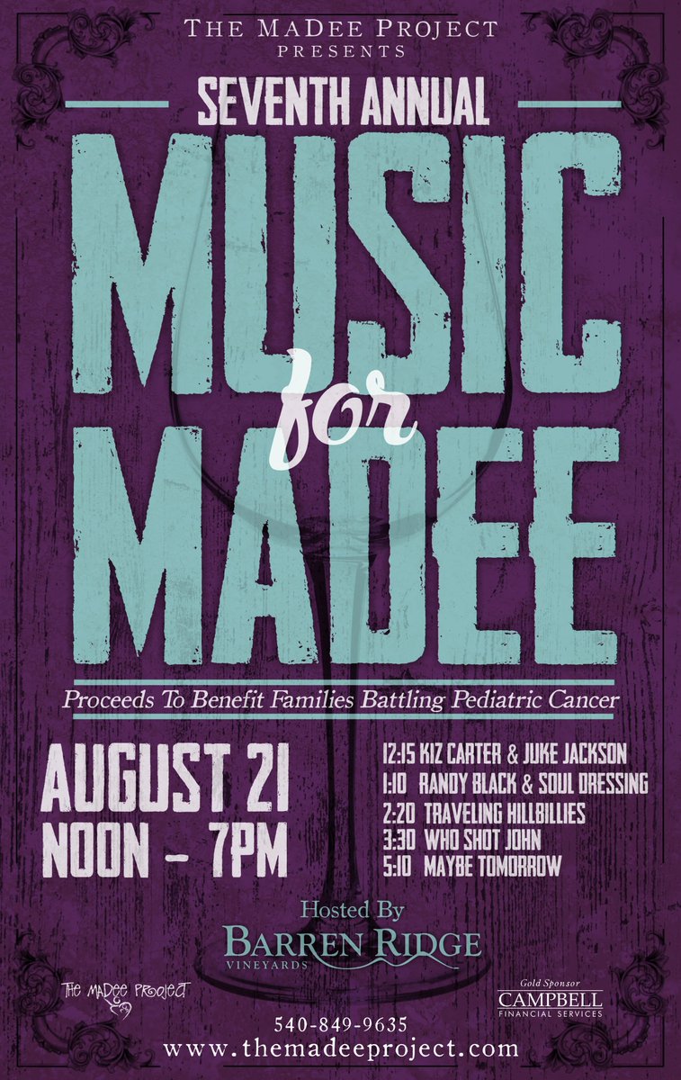 TheMaDeeProject's tweet image. It's almost time for everyone's favorite vineyard event! Save the Date! August 21st at @BarrenRidge  #MusicforMaDee