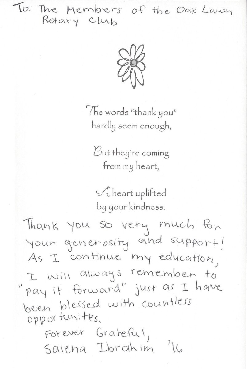 olrotary's tweet photo. 2016 Scholarship Winner Salena Ibrahim thank you letter! #Rotary #District6450 #ServiceAboveSelf https://t.co/16uNCjZCWC