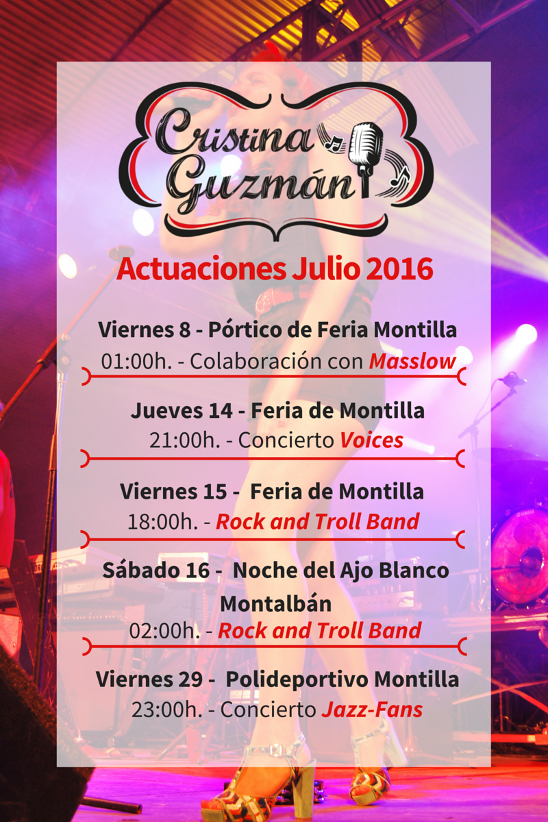 cristinaguzmane's tweet photo. Este es mi calendario de actuaciones para el mes de julio. ¡Espero veros en alguna de ellas para pasarlo en grande! https://t.co/GQ061ciJz1