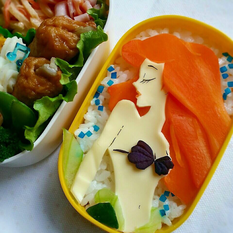 リカバリー Twitter પર アリエルのキャラ弁 大人アリエルとツムツムアリエル 髪はカニカマかにんじん