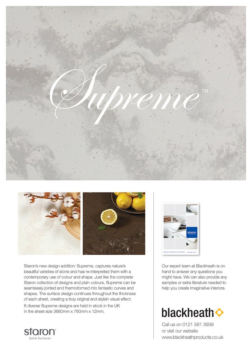 Staron Supreme is a range of 8 naturally inspired solid surface decors staron.uk.com (NEW WEBSITE!)