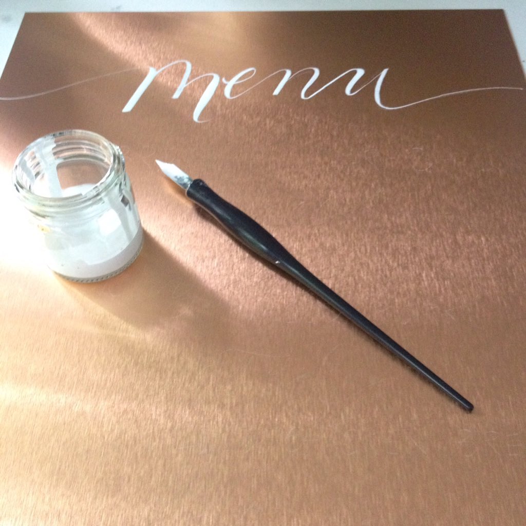 Calligraphy on copper sheeting.
#wedding #menu #calligraphy