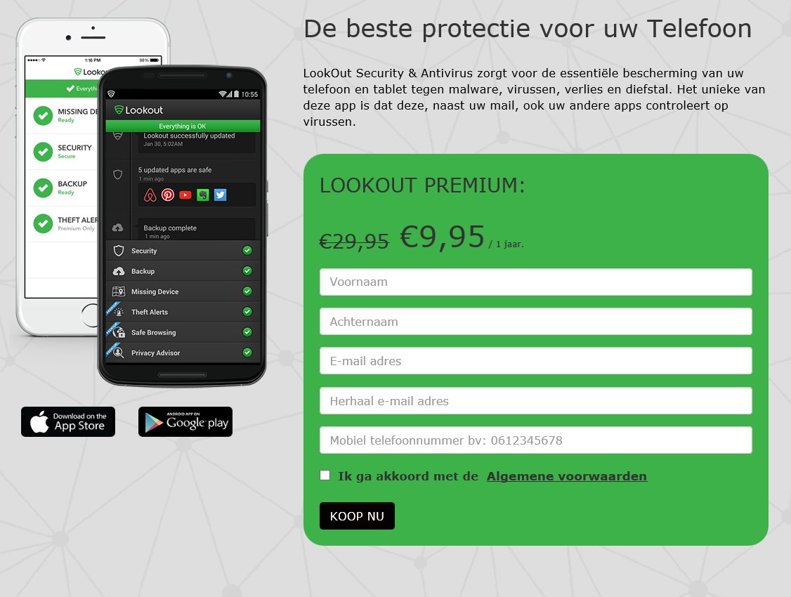 Je telefoon is niet veilig. Beveilig je telefoon nu met Lookout, tijdelijk voor maar €9.95 reciperoxs-lookout.nl/lookout/