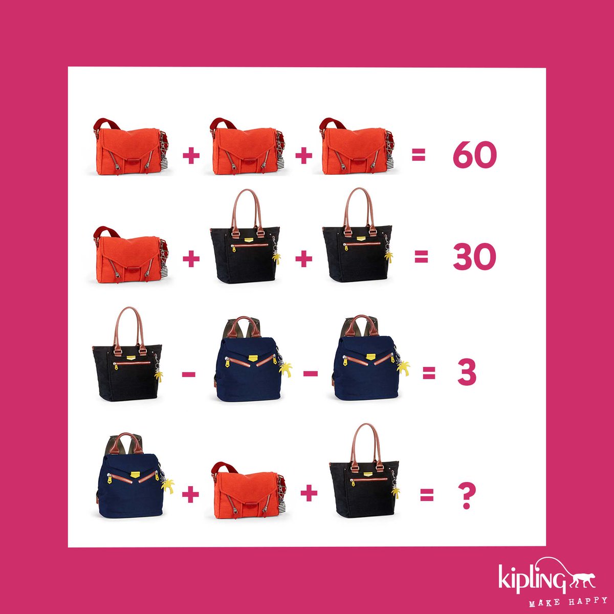 KiplingGlobal's tweet image. Can you solve this? ;) Check out our lovely Kaeon collection: bit.ly/29nI5xR #Kipling #KiplingMakeHappy