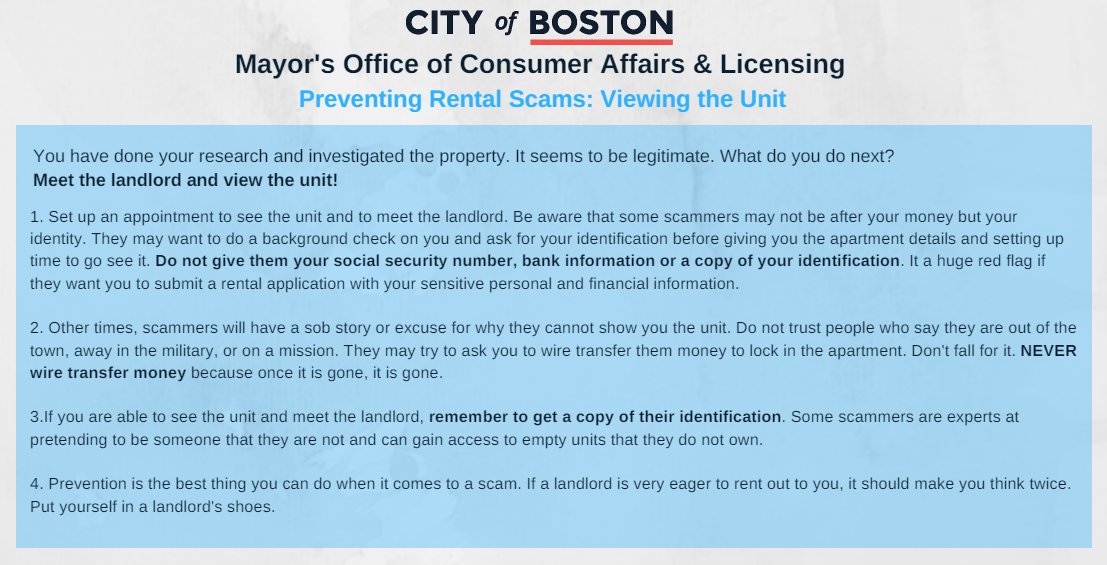 ConsumerBoston's tweet photo. Preventing Rental Scams: Tip #2 Viewing the Unit #MOCAL #Boston #ConsumerProtection #Scams #MAConsumer https://t.co/WJTMvmksdv