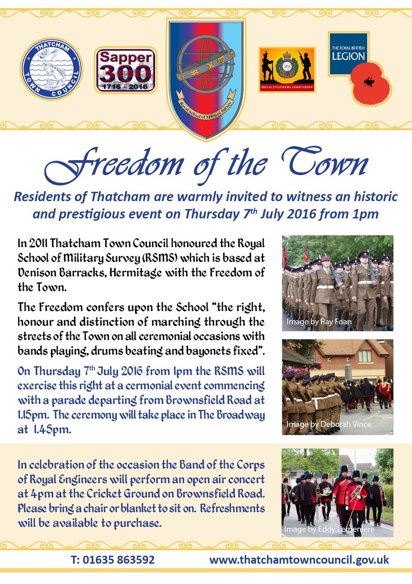 Freedom of the Town
Thursday from 1pm
Parade from Brownsfield Rd to The Broadway, Thatcham
Concert 4pm <a href="/Thatcham_CC/">Thatcham Cricket</a>