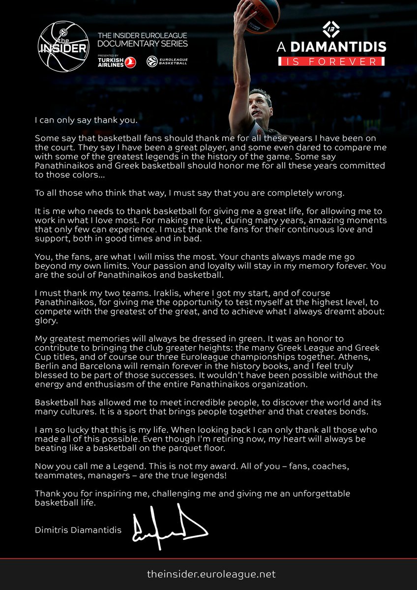 "I can only say thank you".
A letter from the @Euroleague Legend Dimitris Diamantidis.

💎🎥 youtu.be/4BMRQnyjkYY