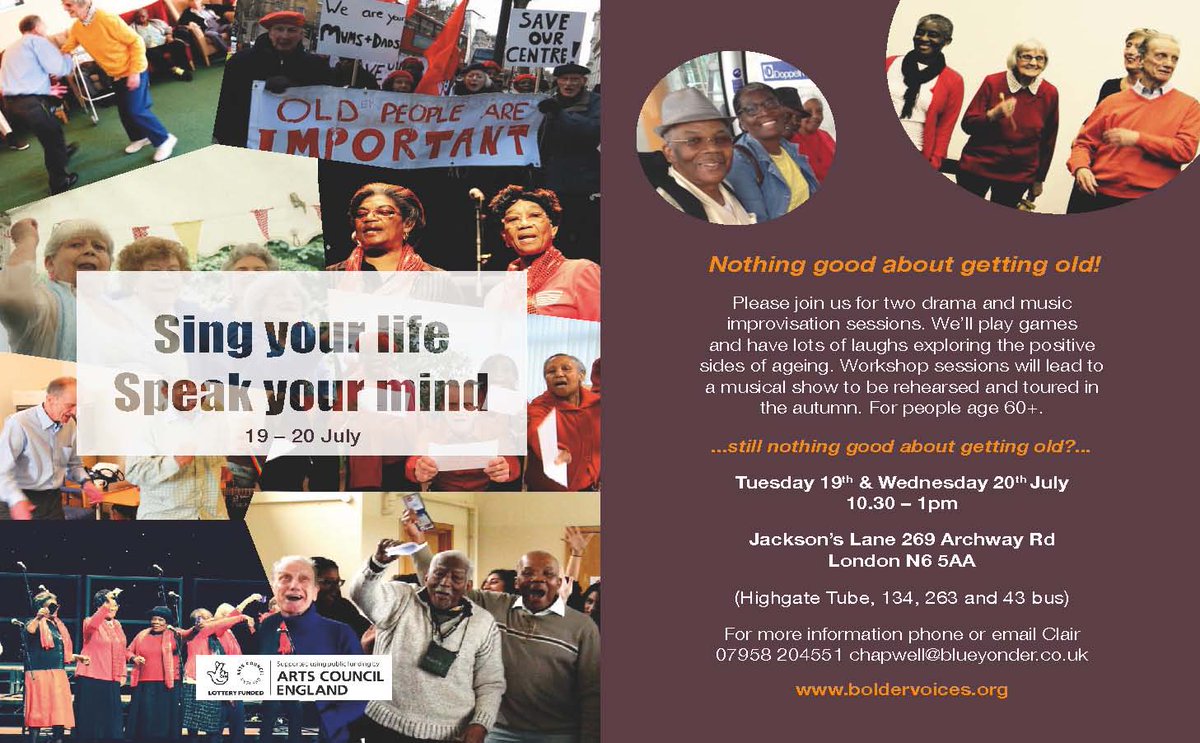 Sing your life, Speak your mind, 19-20th July 10:30-1pm at <a href="/jacksons_lane/">Jacksons Lane</a> Highgate! For 60+ #drama #music #connect