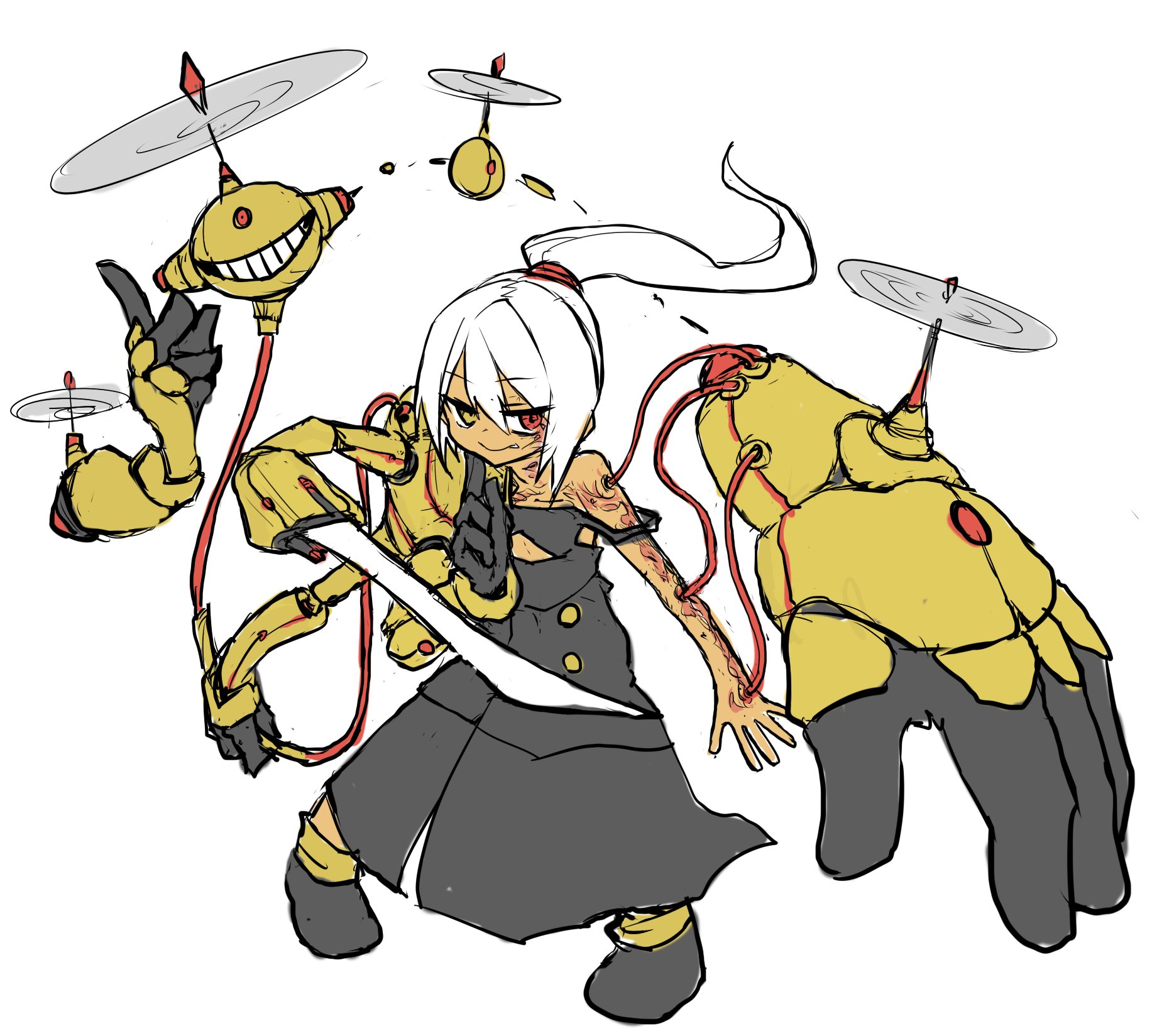 はらぬい Haranui0w0 褐色 ジト目 白髪 八重歯 ワンピース ロリ ひんぬー 肩出し ケロイド 剣からビームを出す したちち ポニーテール オッドアイ ふたりでひとり 多腕 T Co Ucvstih7oo Twitter