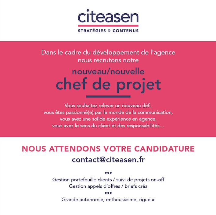 Citeasen's tweet photo. #Emploi Citeasen recrute ! #Job #Pub #ChefDeProjet #Strasbourg https://t.co/QelA7ZWRJl